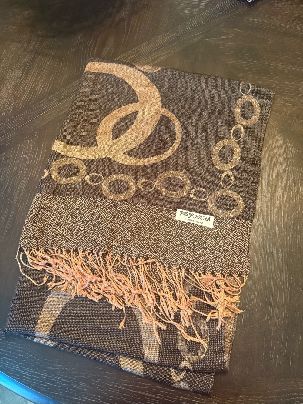 Pashmina silk fringe scarf with abstract geo circle detail brown